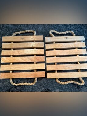 Vintage Dansk Solid Teak Wood Slat Trivets w/ Rope Handles Set of 2